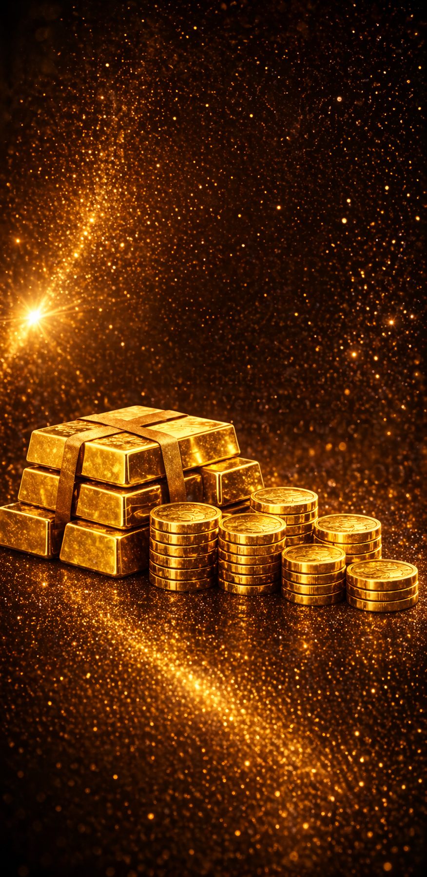 Goldmünzen und Goldbarren in goldener Lichtstimmung